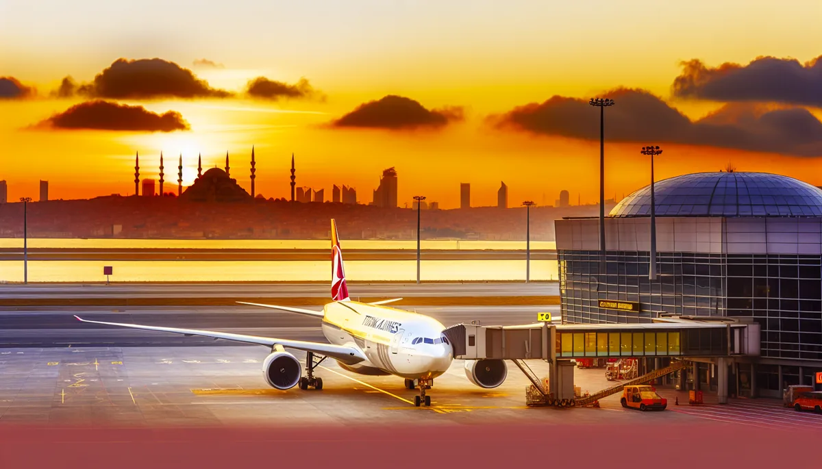 Turkish Airlines aircraft on airport tarmac with Istanbul city skyline visible in the background during sunset