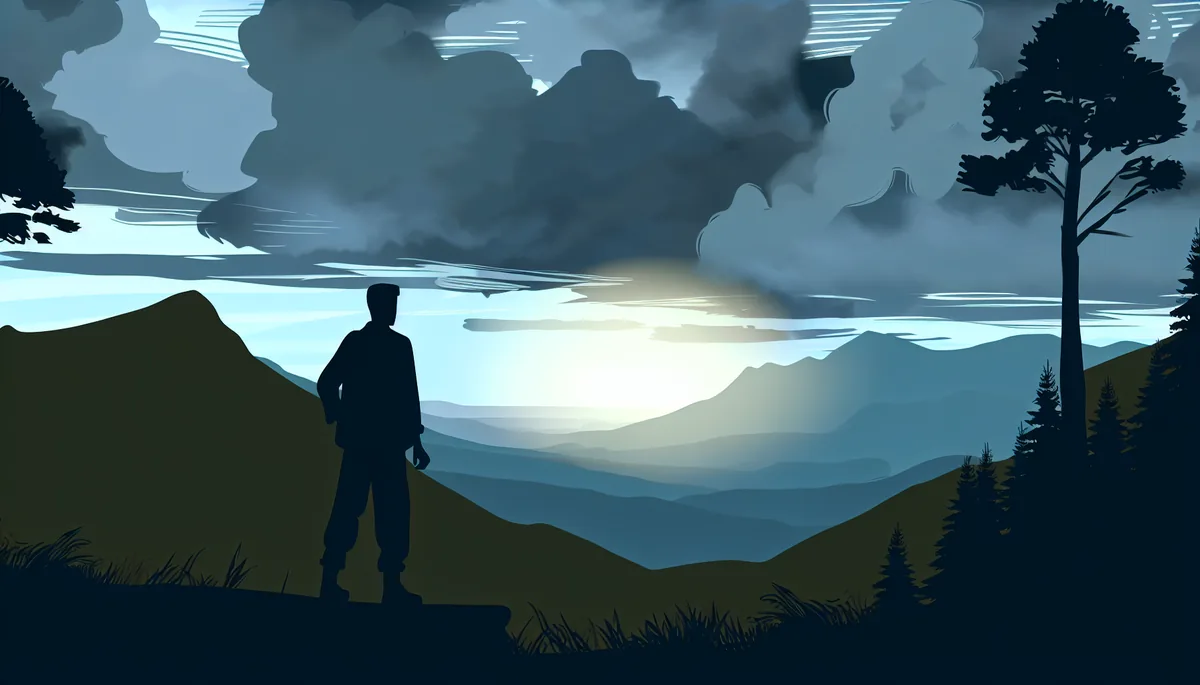 Silhouette of a traveler standing at a remote mountain overlook with vast wilderness landscape under a dramatic cloudy sky
