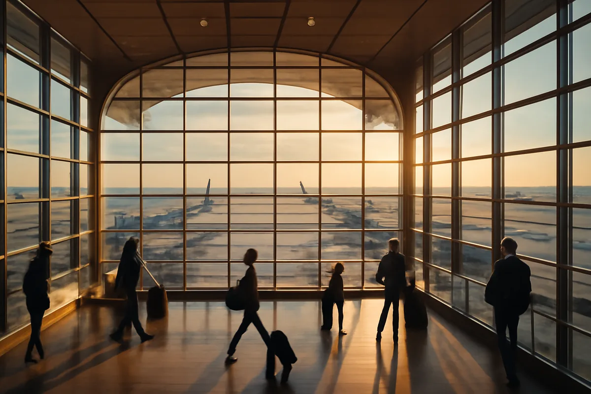 A spacious international airport terminal with large panoramic windows overlooking runways, bathed in warm golden afternoon light with a modern architectural interior.