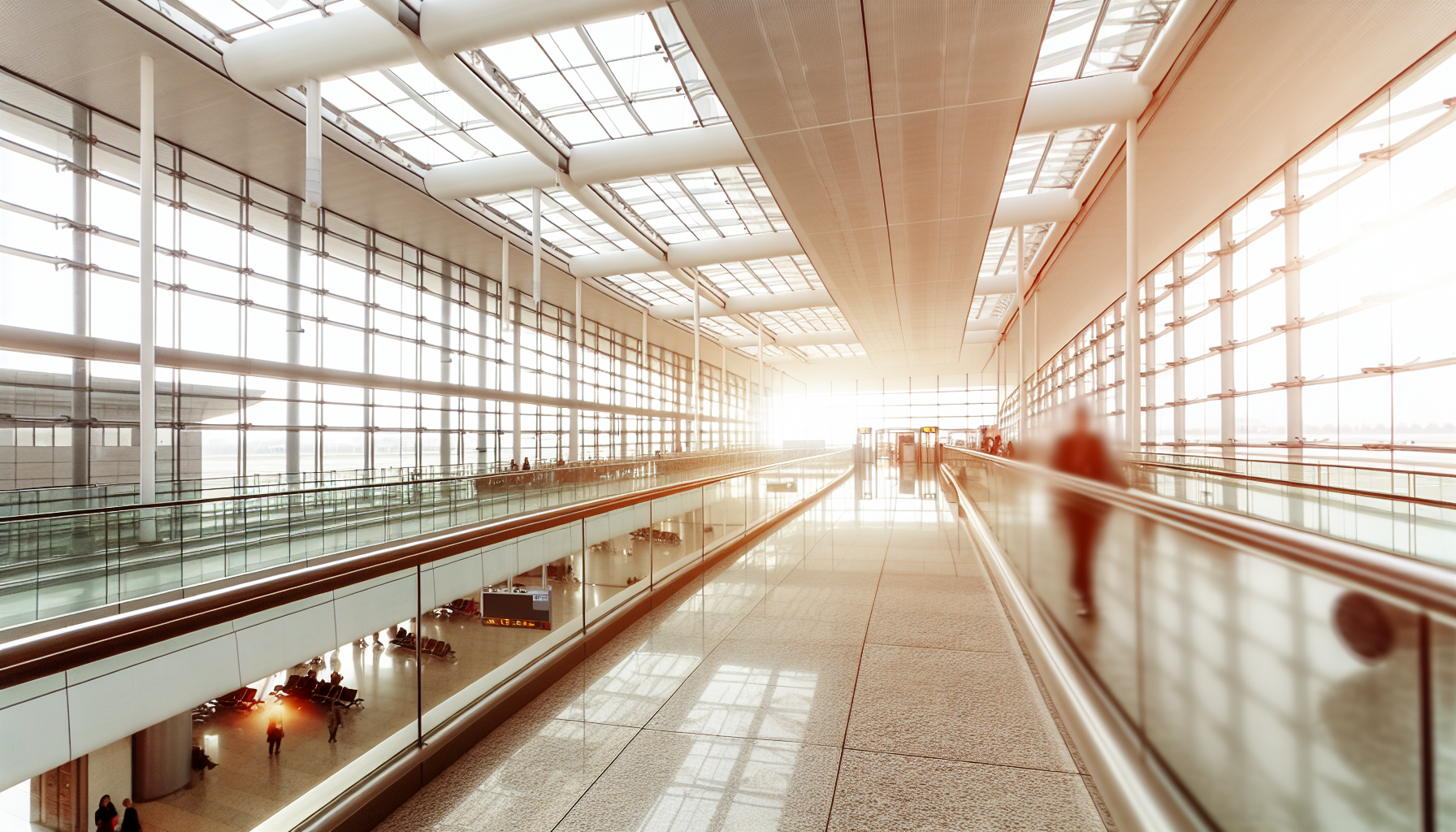 Modern airport terminal with travelers walking through glass corridors, representing international travel and connectivity choices