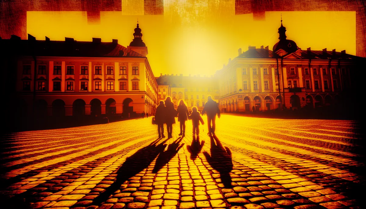 Silhouettes of a family walking through a historic European city square during golden hour with beautiful architecture in the background