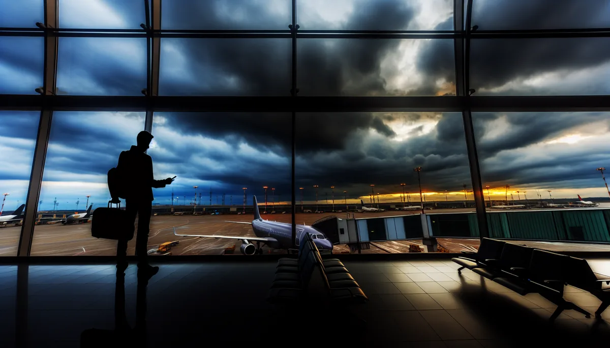 Silhouette of a traveler standing alone at an airport terminal window with planes visible outside under stormy skies
