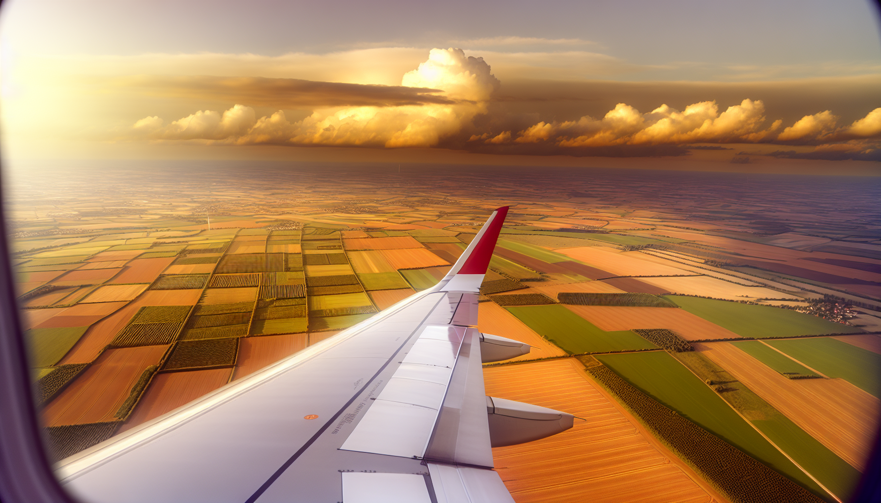 View from airplane window showing wing overlooking European countryside with patchwork fields during golden hour