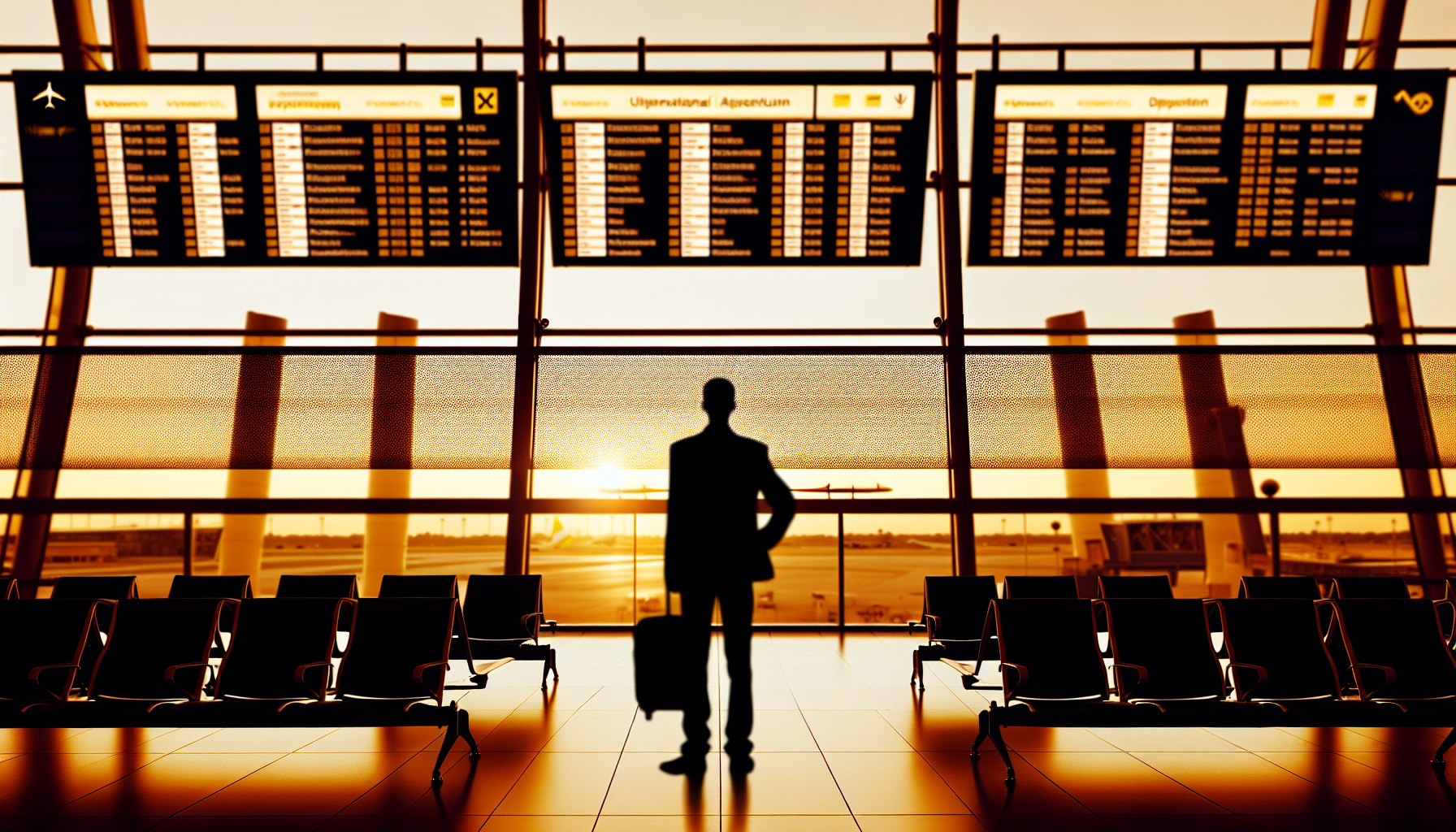 Silhouette of a traveler at an international airport terminal with departure gates and windows showing golden hour lighting
