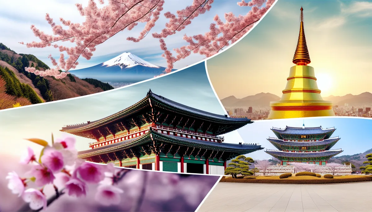 Panoramic view showcasing iconic landmarks from Japan, South Korea, and Thailand including Mount Fuji with cherry blossoms, a traditional Korean temple, and a golden Thai pagoda under soft morning light