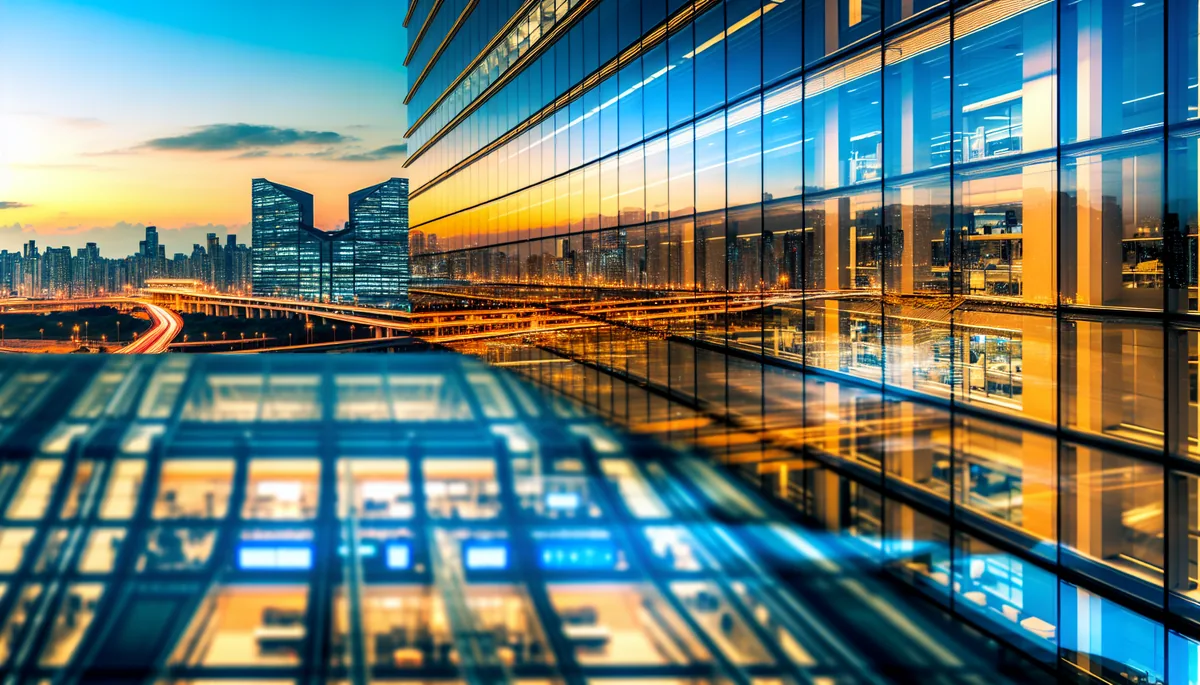 Modern glass office building with city skyline reflection and airport terminal visible in background during golden hour