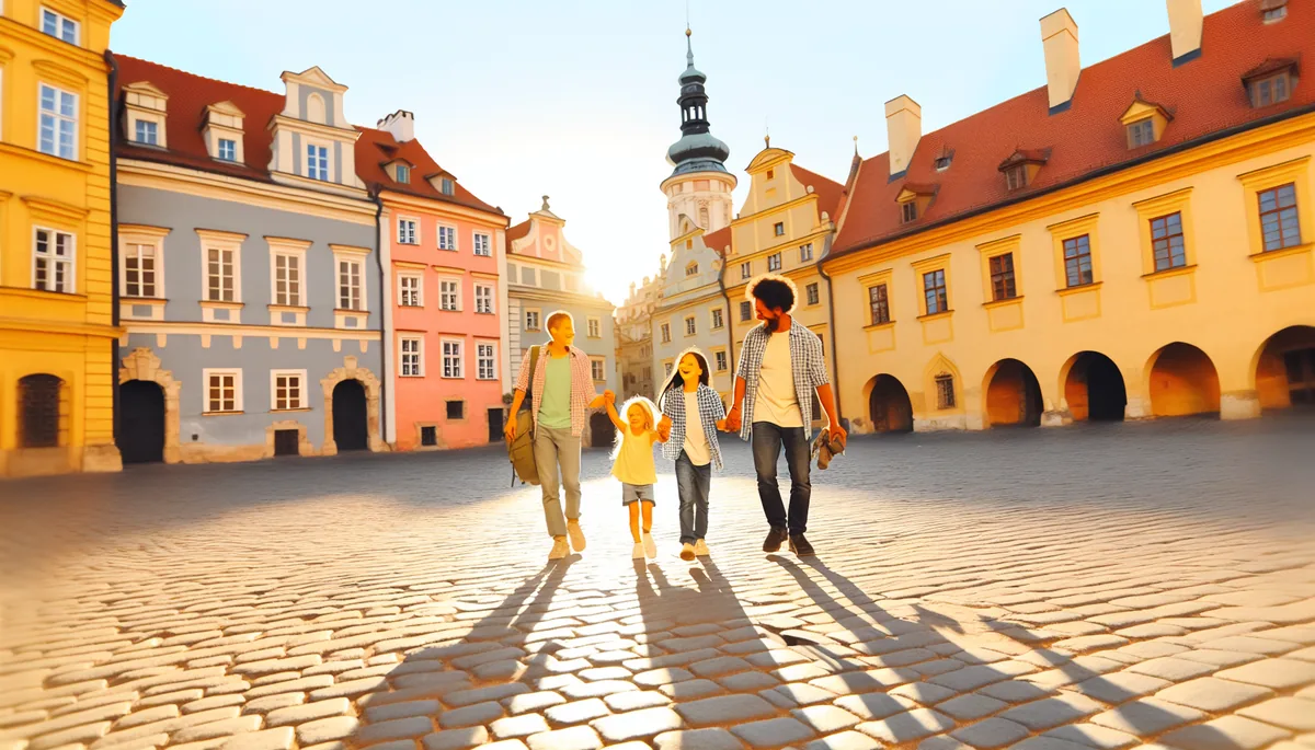 Family silhouettes walking together through a charming European town square with historic architecture during golden hour