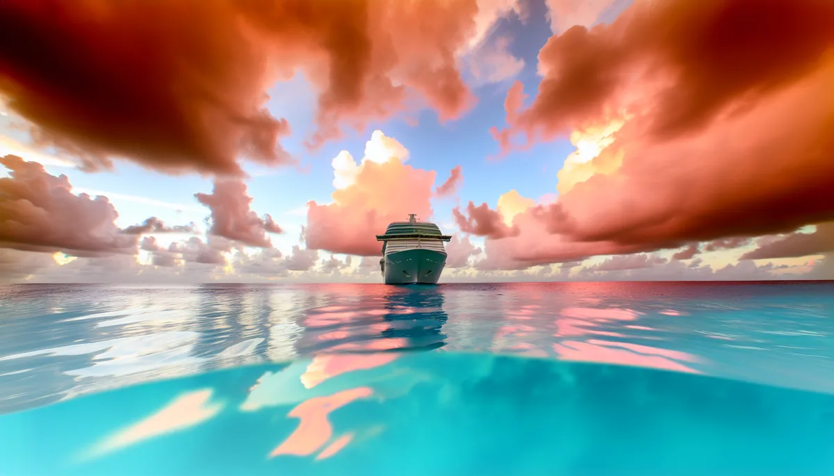 A luxury cruise ship sailing on calm turquoise waters during a dramatic sunset with orange and pink clouds reflecting on the ocean surface