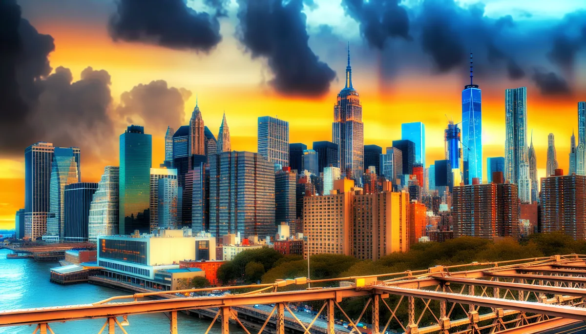 Stunning golden hour view of Manhattan skyline from Brooklyn Bridge, featuring the Empire State Building and other iconic skyscrapers against a dramatic evening sky