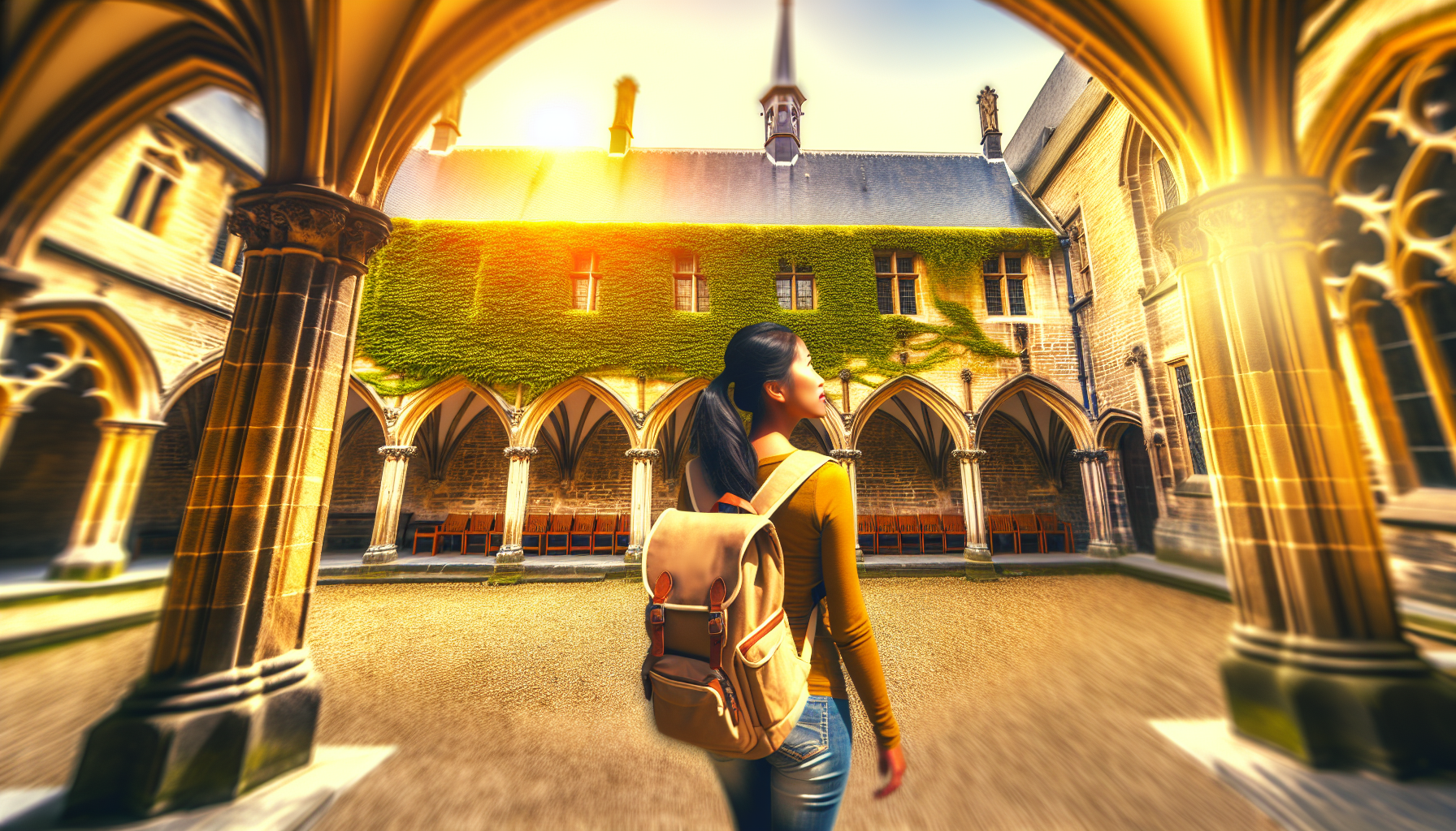 Student with backpack walking through a historic European university courtyard with Gothic stone architecture and ivy-covered walls in warm afternoon light