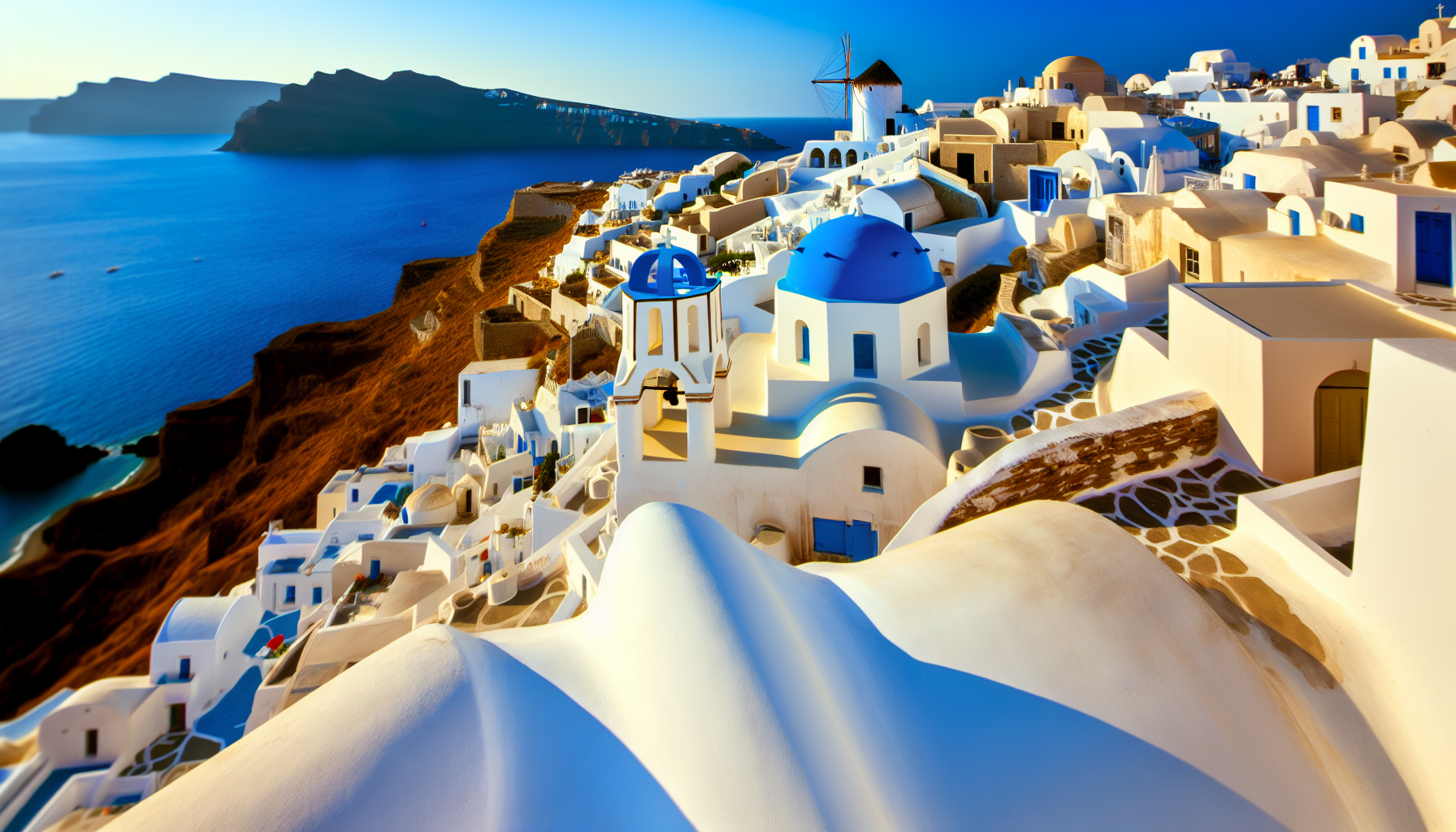 Stunning Greek island landscape with traditional white buildings, blue-domed churches, and azure Mediterranean waters under golden sunlight
