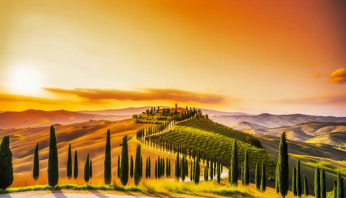 Scenic Tuscan countryside with cypress-lined roads leading to a hilltop village at golden hour