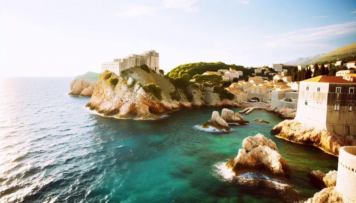 Aerial view of Dubrovnik's historic old town with terracotta rooftops overlooking the crystal clear turquoise waters of the Adriatic Sea