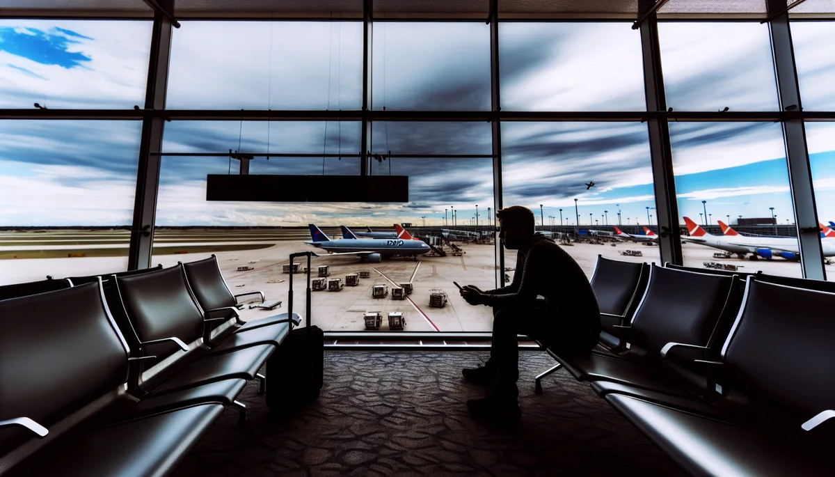 Silhouette of a traveler sitting alone at an airport gate with stormy skies visible through large windows, conveying travel challenges and connectivity issues