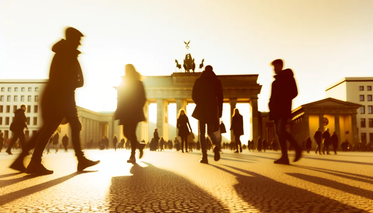 Berlin's Brandenburg Gate at sunset with silhouetted travelers walking across the plaza, golden hour lighting illuminating the historic architecture