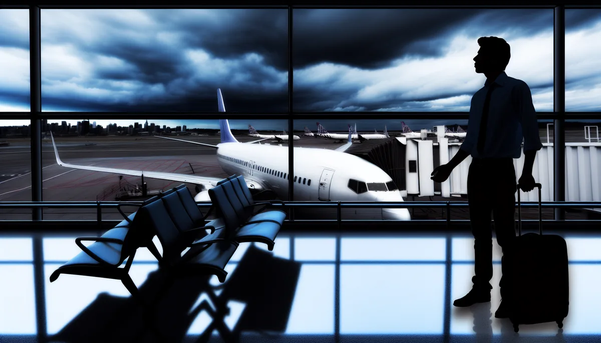 Silhouette of a traveler standing alone at an airport gate window, looking out at aircraft on the tarmac under stormy skies