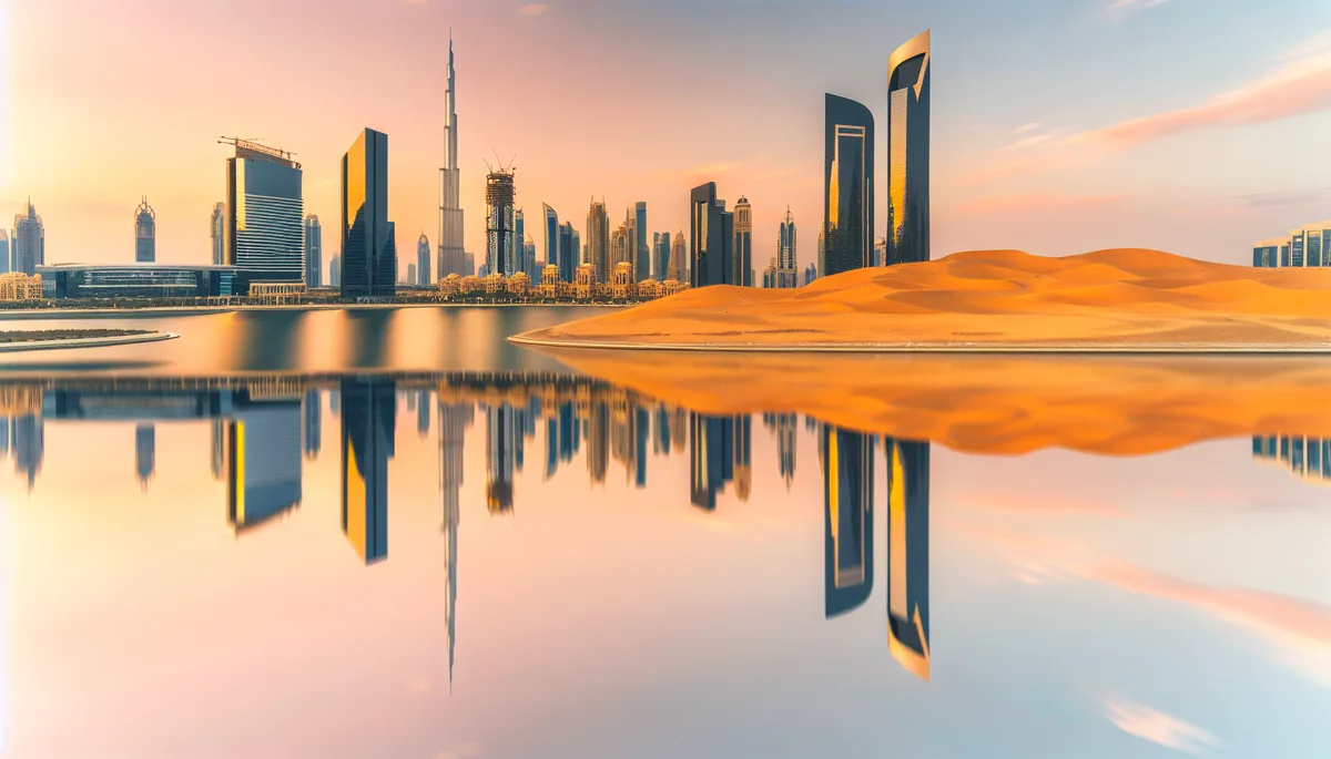 Dubai skyline at sunset featuring the Burj Khalifa and modern skyscrapers with desert dunes in the background