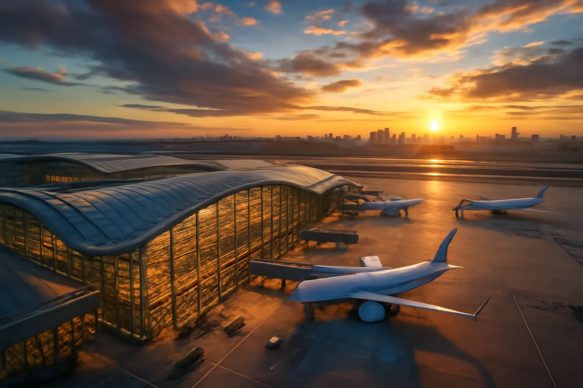 Aerial view of a modern international airport terminal with glass architecture at golden hour, planes on the tarmac and a glowing city skyline in the background