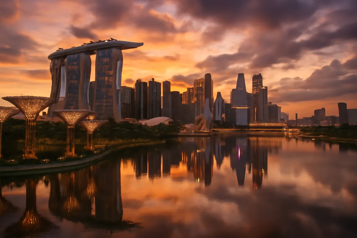 Panoramic golden hour view of Singapore's Marina Bay skyline with iconic supertrees and modern skyscrapers reflected in the calm harbor waters