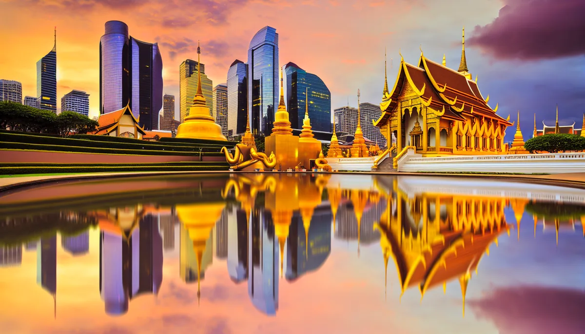 Golden Buddhist temple with ornate spires reflecting in still water, with Bangkok's modern skyline of tall buildings visible in the background during sunset