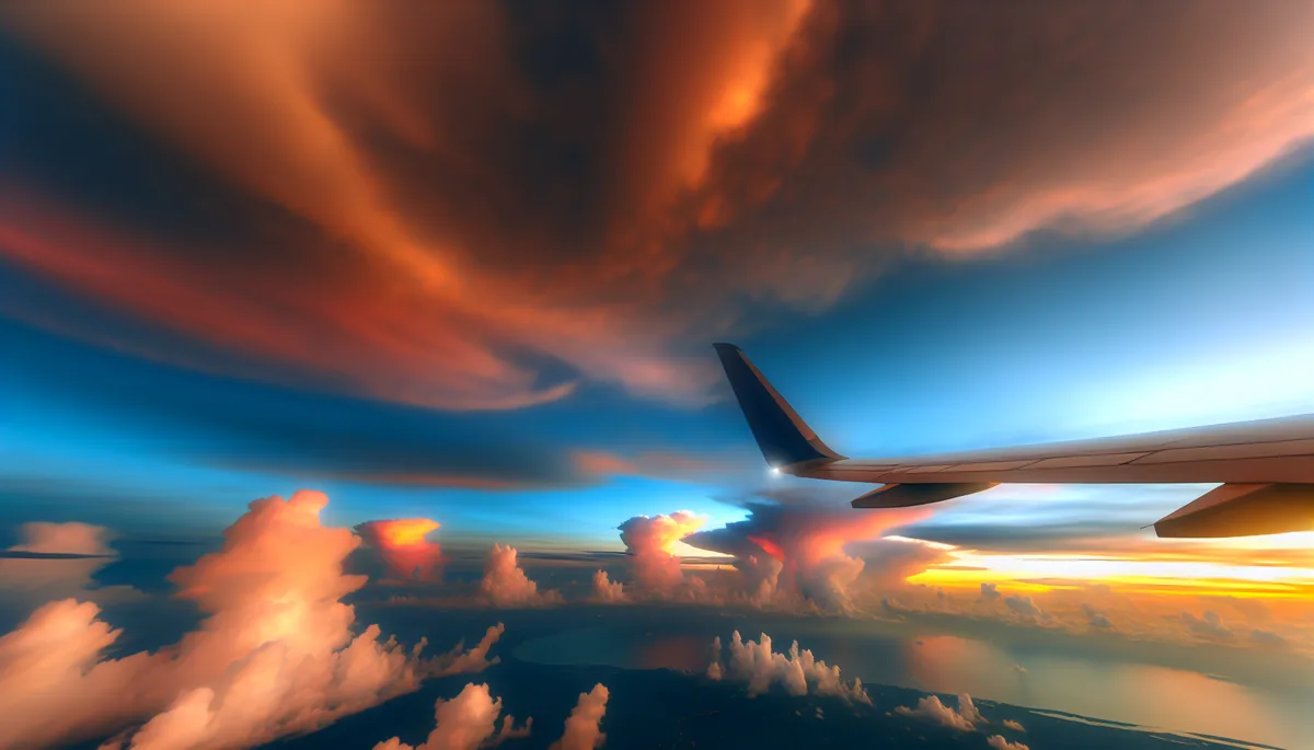 Commercial airplane wing and engine against dramatic cloudy sky during golden hour flight
