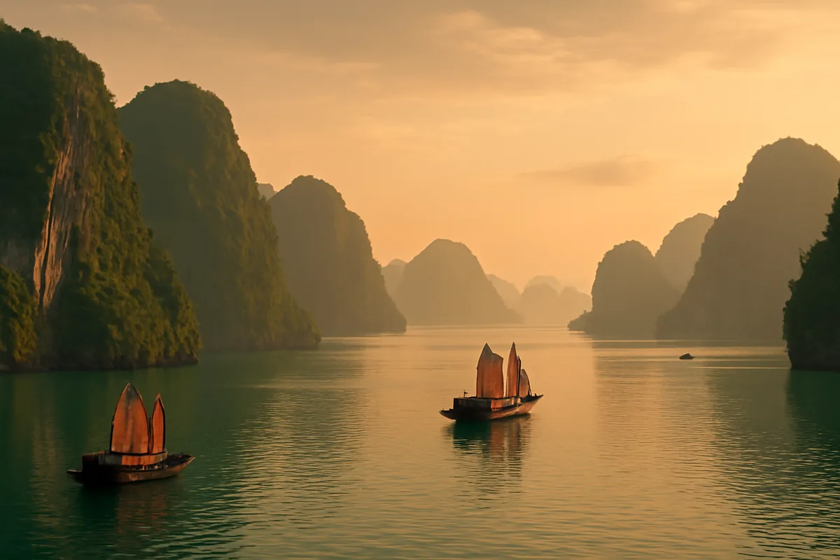 Panoramic view of Ha Long Bay in Vietnam featuring iconic limestone karst islands emerging from emerald waters with traditional wooden boats at golden hour