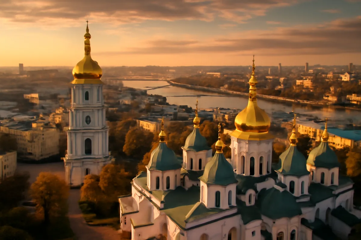 Aerial view of Kyiv cityscape featuring golden cathedral domes and the Dnipro River at golden hour