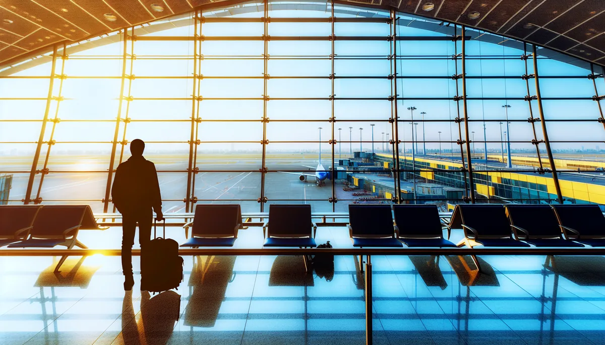 Silhouette of a traveler with backpack standing at an airport departure gate, looking out at planes on the runway through large terminal windows