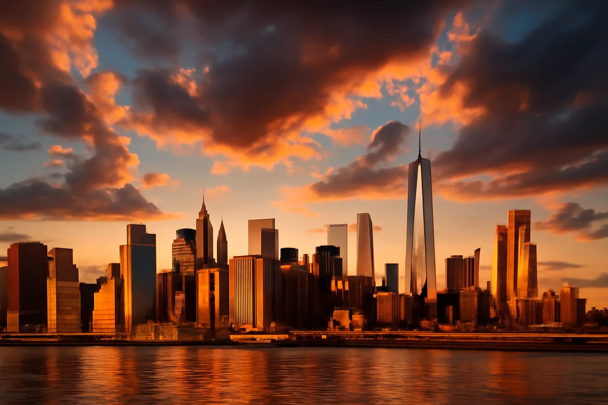 New York City skyline at golden hour with Manhattan skyscrapers reflecting warm light on the Hudson River