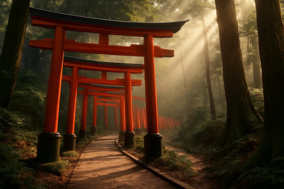 A serene pathway lined with traditional red torii gates winding through a misty forested mountain in Japan, bathed in warm golden morning light