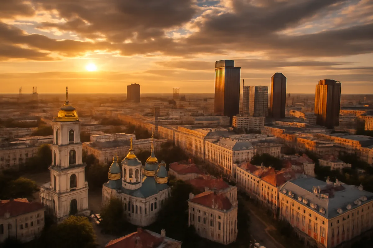 Aerial panoramic view of a modern Ukrainian city skyline at golden hour, showcasing a blend of historic and contemporary architecture bathed in warm amber light.