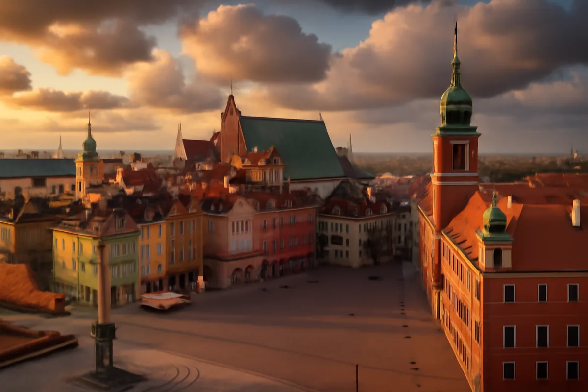Panoramic golden hour view of Warsaw's colorful historic old town skyline with classic Polish architecture and castle square