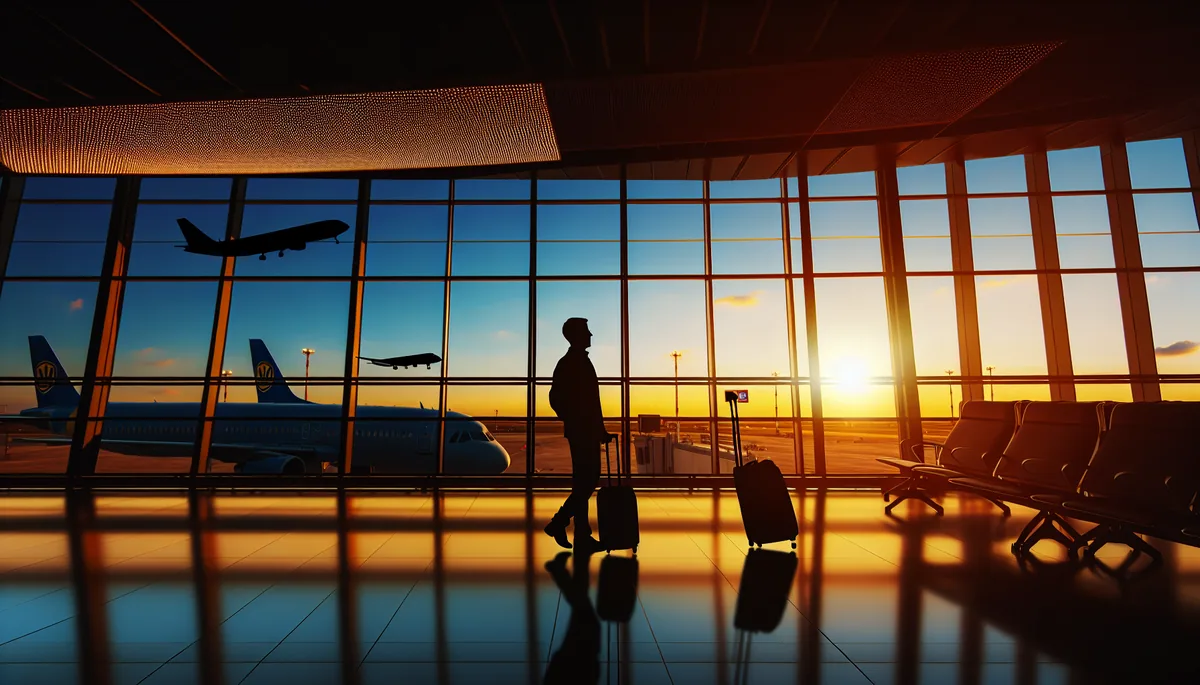 Silhouette of a traveler at airport departure gate during golden hour with planes visible through windows