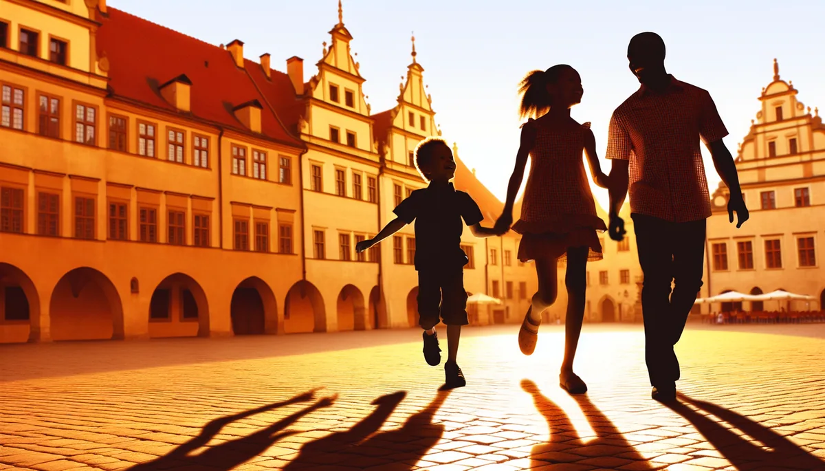 Family silhouettes walking together through a historic European city square during golden hour, with children running ahead and parents following behind