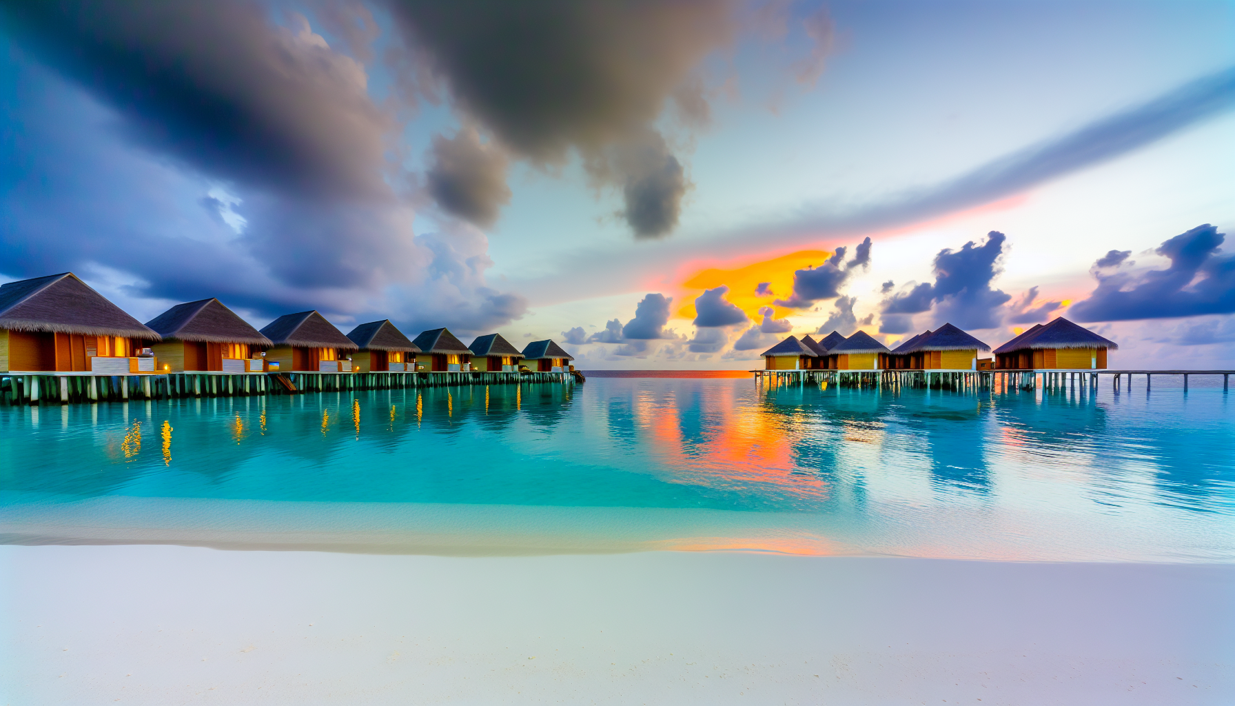 Luxurious overwater bungalows in the Maldives at sunset, with crystal clear turquoise water and dramatic colorful sky