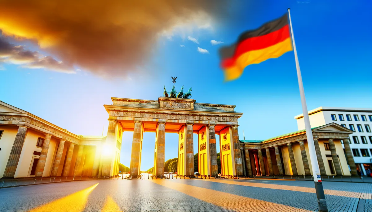 Brandenburg Gate in Berlin during golden hour with German flag and dramatic sky
