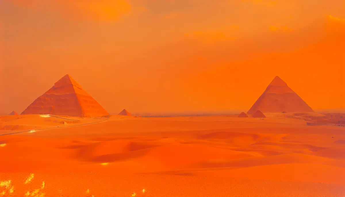 Majestic pyramids of Giza in Egypt during golden hour with warm desert landscape and dramatic sunset lighting