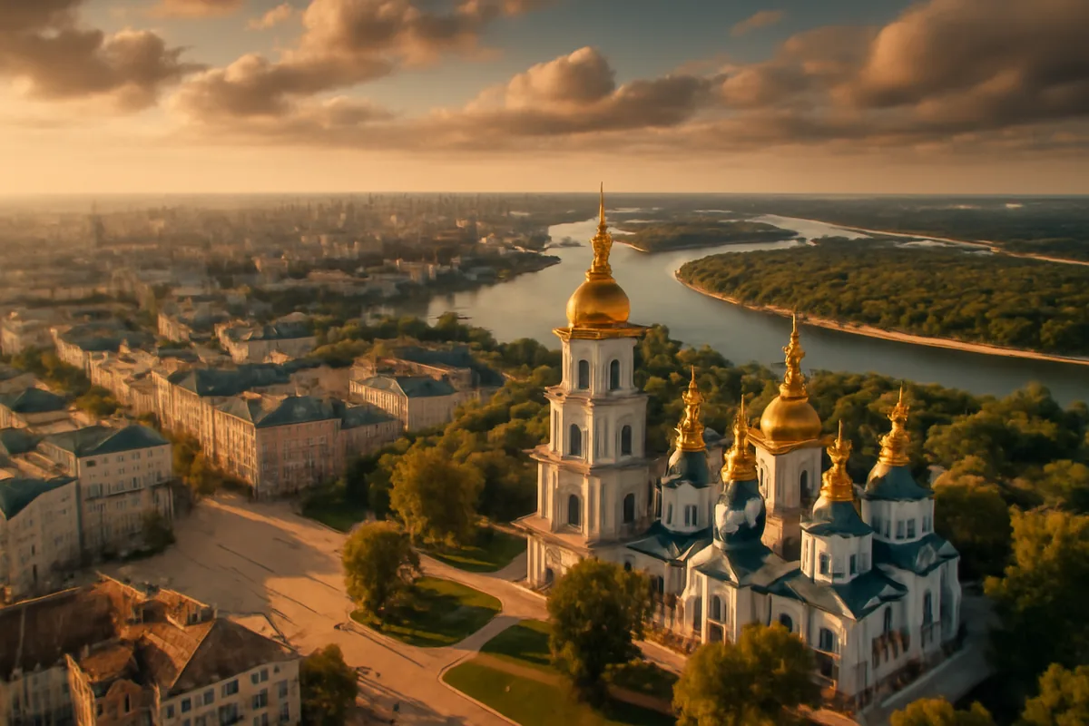 Aerial panoramic view of Kyiv cityscape featuring the golden domes of Saint Sophia Cathedral with the Dnipro River visible in the background during golden hour