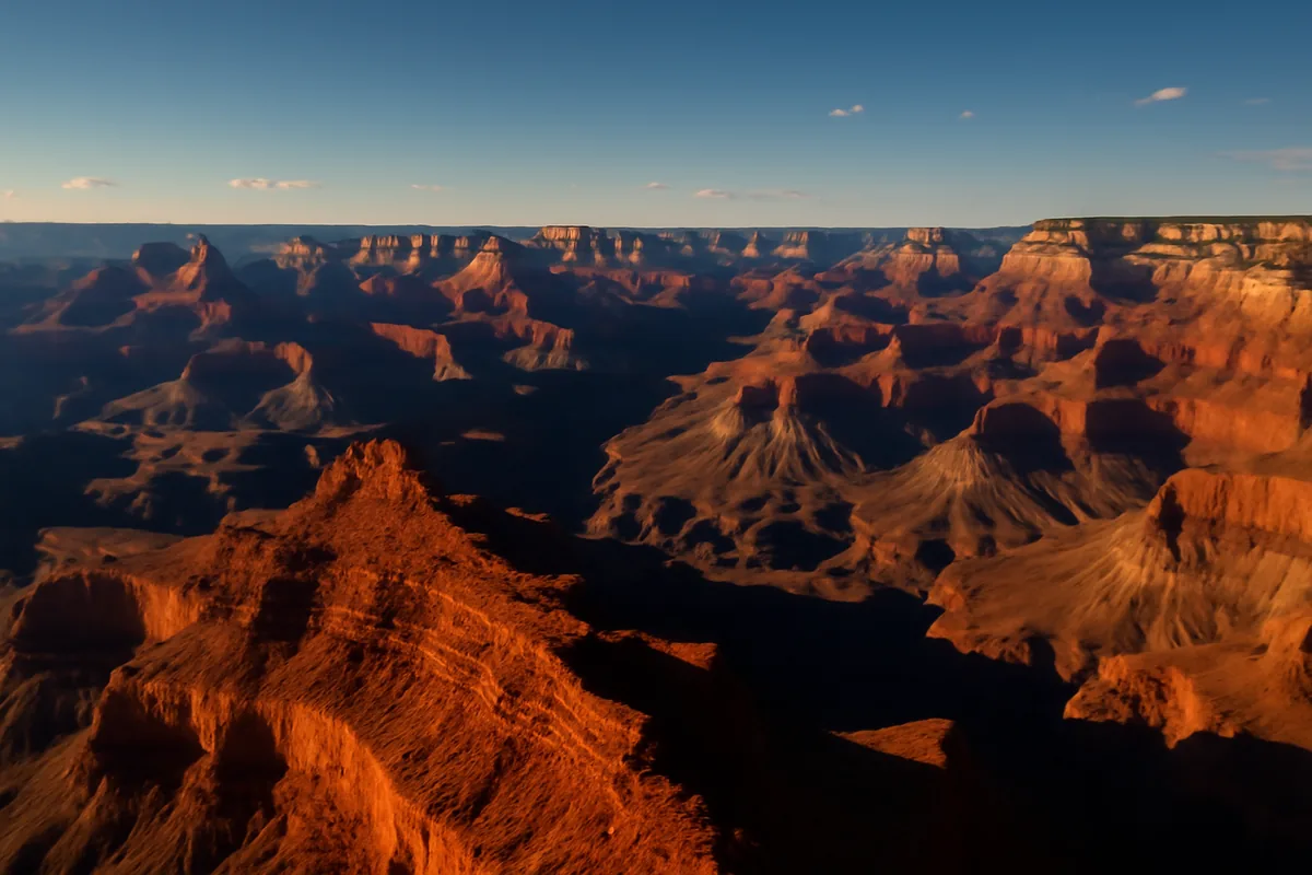 Panoramic view of the Grand Canyon at golden hour, with dramatic red and orange rock formations stretching into the distance under a deep blue sky