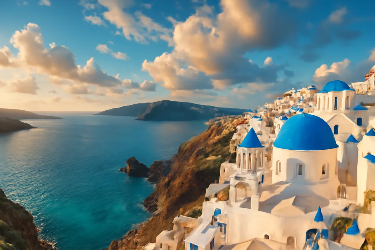 Stunning panoramic view of a white-washed Greek coastal village overlooking turquoise Mediterranean waters during golden hour sunset