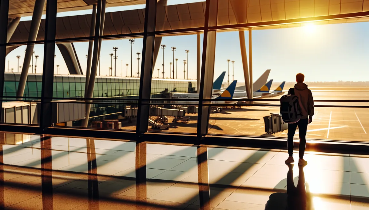 Silhouette of a traveler with backpack standing at an airport departure gate with airplanes visible through windows during golden hour