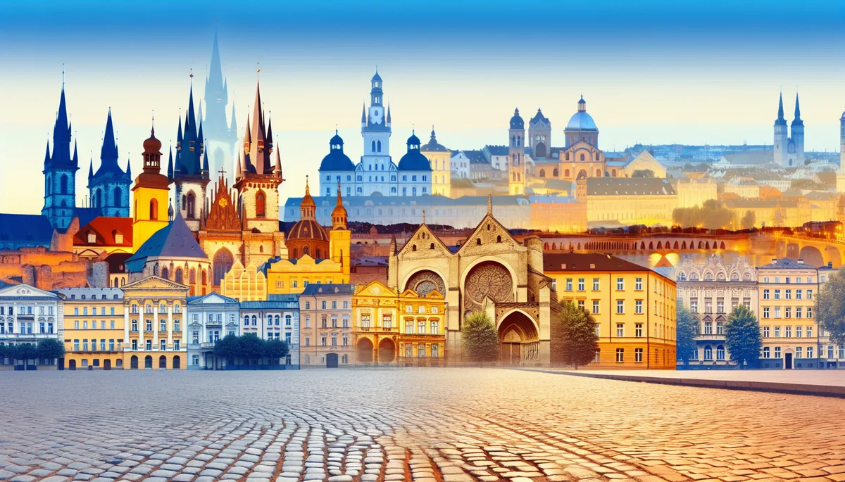 Panoramic view of European cityscape featuring medieval architecture, cobblestone streets, and iconic landmarks representing multiple European countries during golden hour
