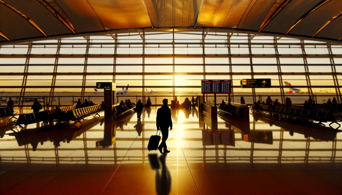 Silhouette of a traveler walking through a modern airport terminal with warm lighting and contemporary architecture