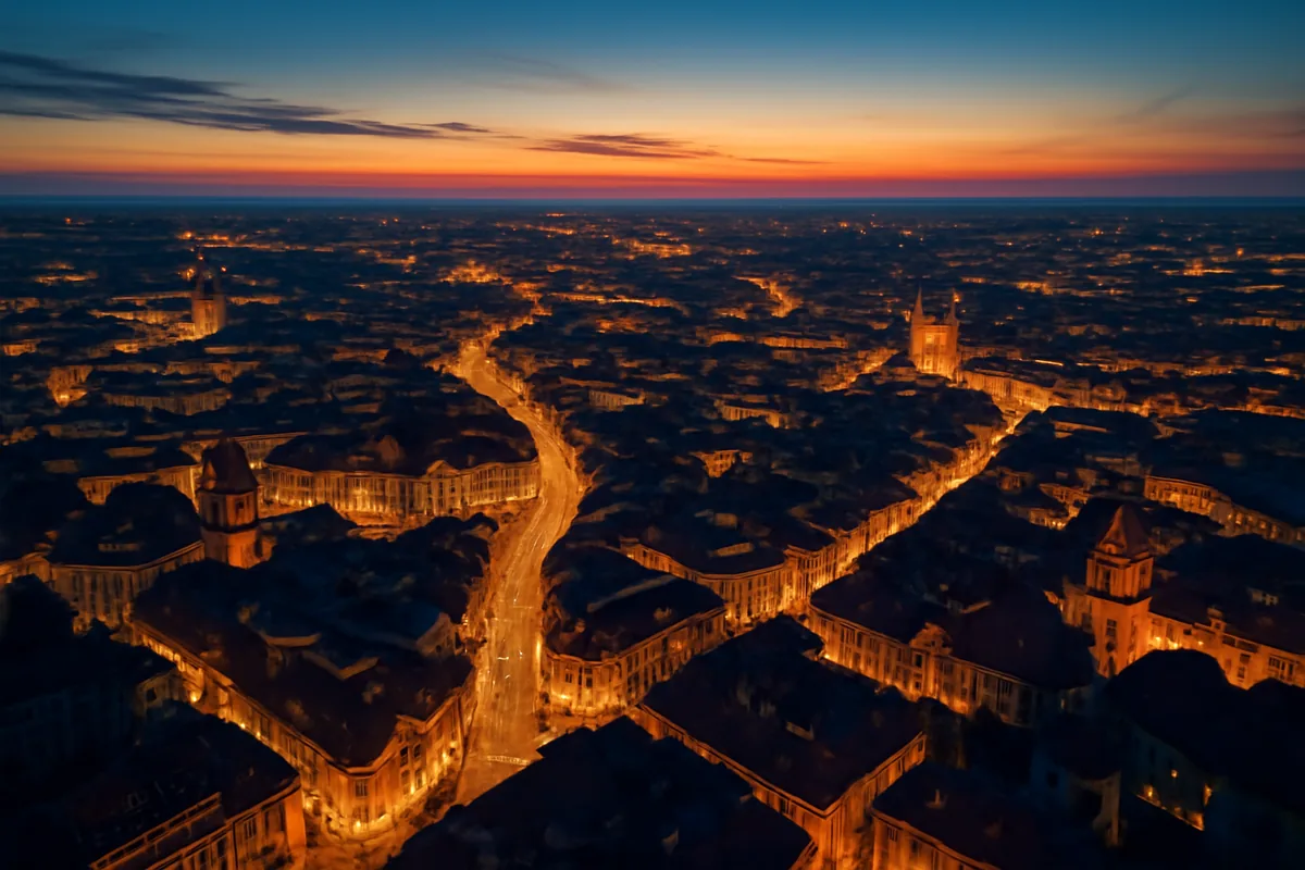 Aerial view of a European city at golden hour with glowing streets and warm twilight sky