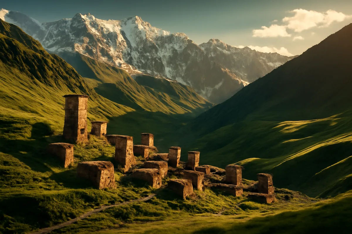 Dramatic panoramic view of Georgian mountain landscape featuring ancient stone tower villages nestled in the Caucasus mountains, with snow-capped peaks and green valleys bathed in golden hour light