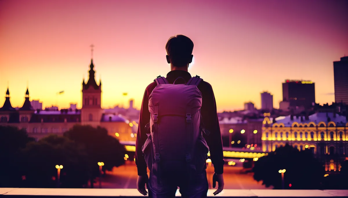 Silhouette of a traveler with backpack overlooking a European city skyline during golden hour sunset