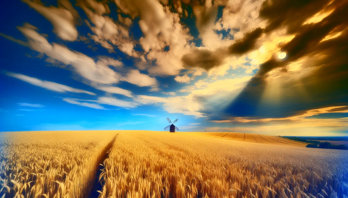 Scenic Ukrainian countryside landscape with golden wheat fields, blue sky with white clouds, and a traditional windmill in the distance