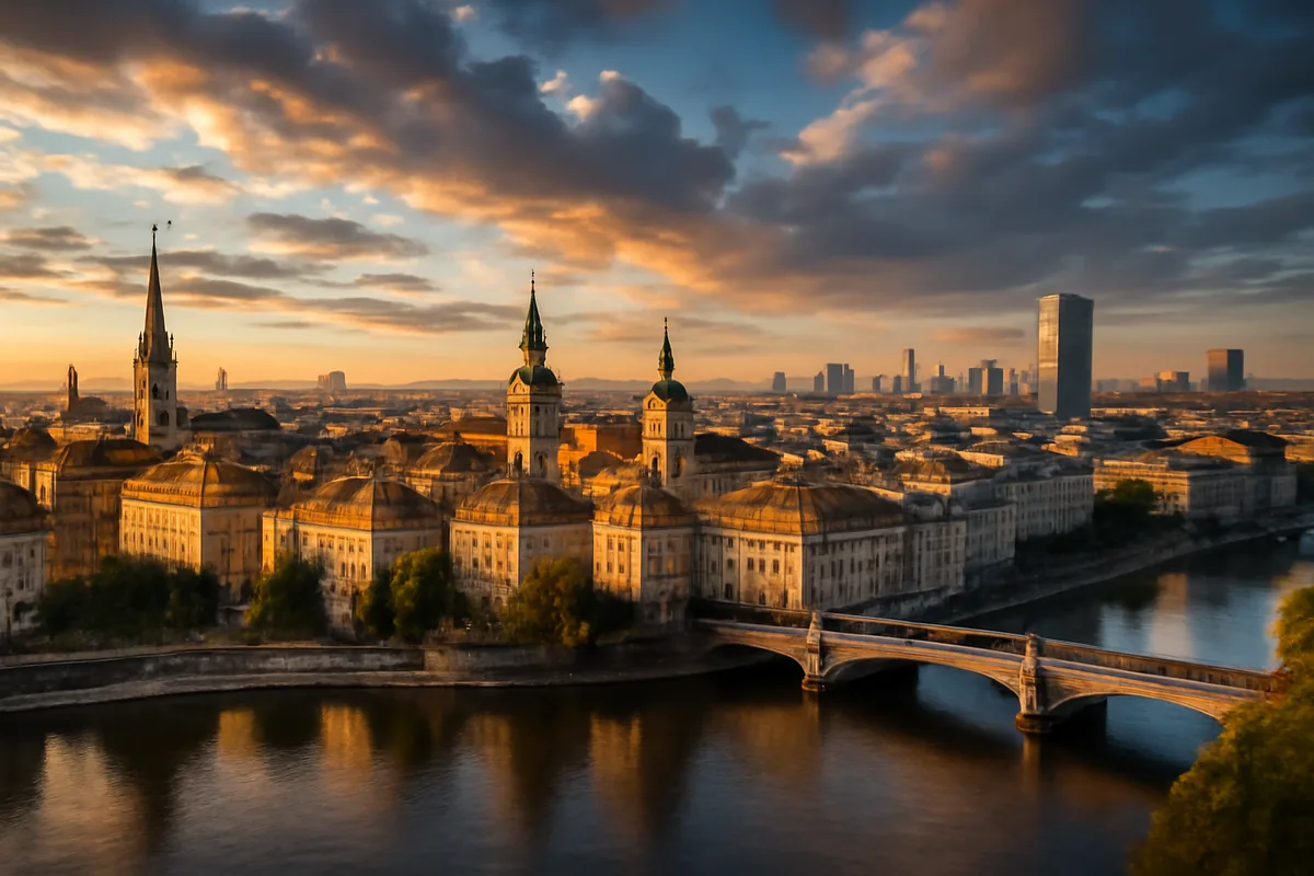 Panoramic golden hour view of a European city skyline with historic and modern architecture reflected in a river below
