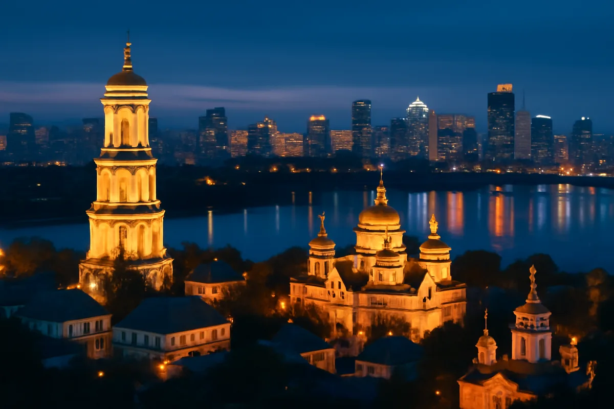 Beautiful evening view of Kiev, Ukraine skyline with traditional golden-domed churches and modern buildings reflected in the Dnieper River