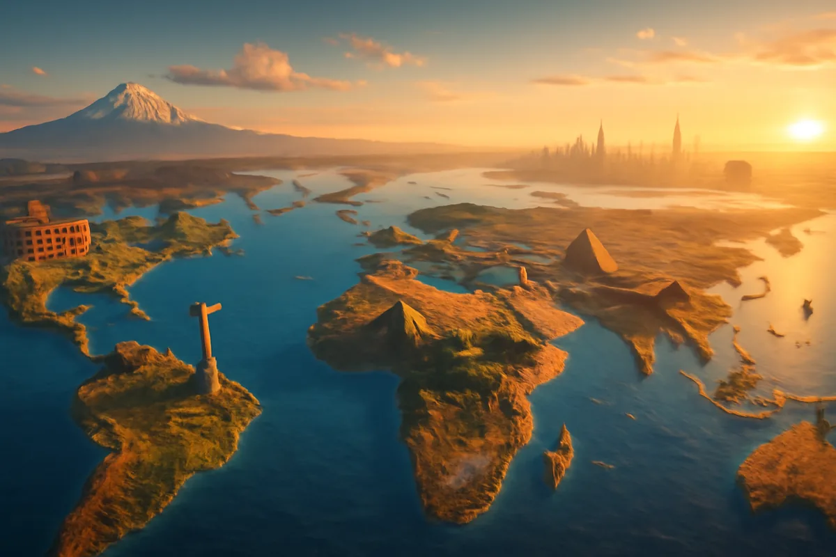 Panoramic aerial travel landscape showing diverse world destinations bathed in warm golden hour light, representing global connectivity and international travel freedom